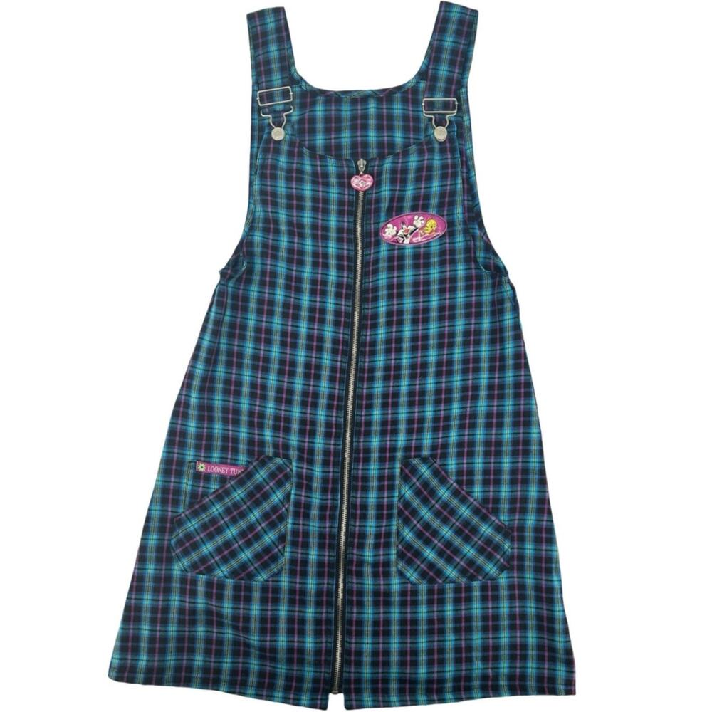 VTG 1998 Girls Blue Plaid Looney Tunes Sylvester Tweety Zip Overall Dress 14/16
